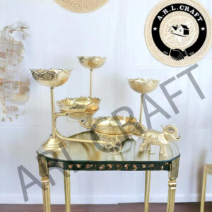 Gold Baggi with 2 Urlis and 3 Candle Holder Stands | Decorative Traditional Urli Bowl | Baggi Size - 22In, Urli Size - 8In, Stand Size - 14, 12, 10In