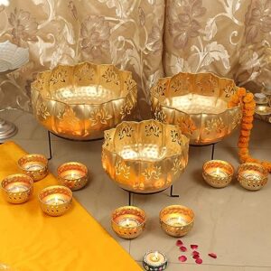 Iron Lotus Urli with Stand Pot for Floating Flower/Candle Festive Decor Set of 13 Piece 14/12/10 Size with Stand and 7 Votives Small Bowl 3.5 inch Each